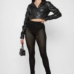 Woman Jackets Tacked Vegan Leather Cropped Jacket - Black