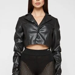 Woman Jackets Tacked Vegan Leather Cropped Jacket - Black