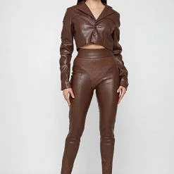 Woman Jackets Tacked Vegan Leather Cropped Jacket - Brown