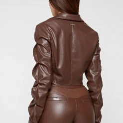 Woman Jackets Tacked Vegan Leather Cropped Jacket - Brown