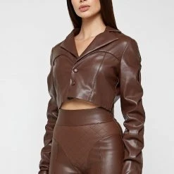 Woman Jackets Tacked Vegan Leather Cropped Jacket - Brown