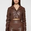 Woman Jackets Tacked Vegan Leather Cropped Jacket - Brown