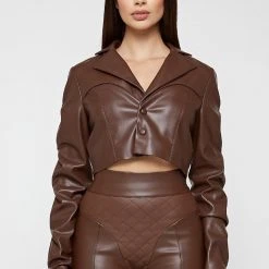Woman Jackets Tacked Vegan Leather Cropped Jacket - Brown
