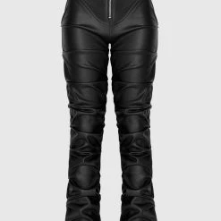 Woman Trousers Tacked Vegan Leather Flared Trousers - Black