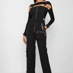 Woman Jumpsuits JUMPSUITS & PLAYSUITS Technical Cargo Dungarees - Black