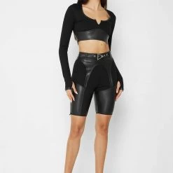 Woman Leggings Zip Off Vegan Leather Leggings/Shorts - Black
