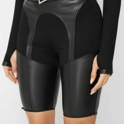 Woman Leggings Zip Off Vegan Leather Leggings/Shorts - Black
