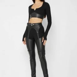 Woman Leggings Zip Off Vegan Leather Leggings/Shorts - Black