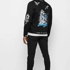 Man Jackets Tiger Embroidered Denim Jacket - Black