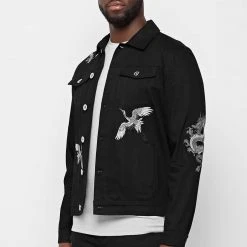 Man Jackets Tiger Embroidered Denim Jacket - Black