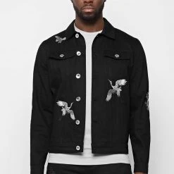 Man Jackets Tiger Embroidered Denim Jacket - Black