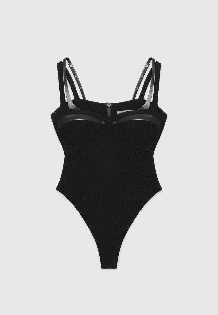 Woman Tops Twin Strap Ribbed Bodysuit - Black BODYSUITS