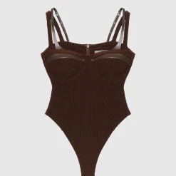 Woman Tops BODYSUITS Twin Strap Ribbed Bodysuit - Chocolate Brown