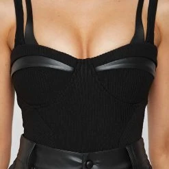 Woman Tops Twin Strap Ribbed Bodysuit - Black BODYSUITS