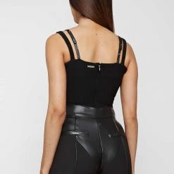 Woman Tops Twin Strap Ribbed Bodysuit - Black BODYSUITS