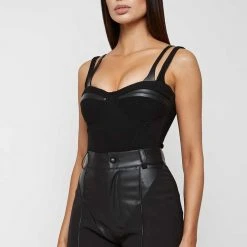 Woman Tops Twin Strap Ribbed Bodysuit - Black BODYSUITS