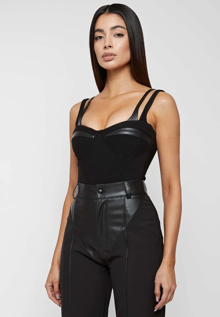 Woman Tops Twin Strap Ribbed Bodysuit - Black BODYSUITS