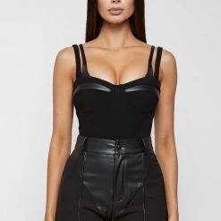Woman Tops Twin Strap Ribbed Bodysuit - Black BODYSUITS