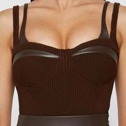 Woman Tops BODYSUITS Twin Strap Ribbed Bodysuit - Chocolate Brown