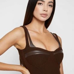 Woman Tops BODYSUITS Twin Strap Ribbed Bodysuit - Chocolate Brown