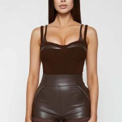 Woman Tops BODYSUITS Twin Strap Ribbed Bodysuit - Chocolate Brown