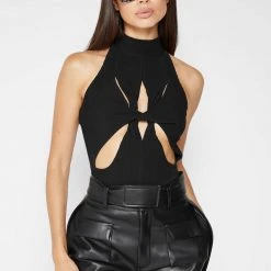 Woman Tops BODYSUITS Twisted Ribbed High Neck Bodysuit - Black
