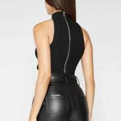 Woman Tops BODYSUITS Twisted Ribbed High Neck Bodysuit - Black