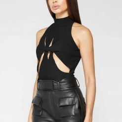 Woman Tops BODYSUITS Twisted Ribbed High Neck Bodysuit - Black