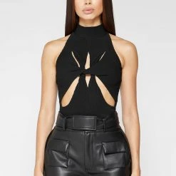 Woman Tops BODYSUITS Twisted Ribbed High Neck Bodysuit - Black