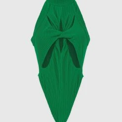 Woman Tops Twisted Ribbed High Neck Bodysuit - Green BODYSUITS