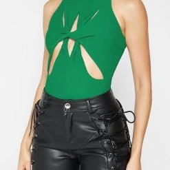 Woman Tops Twisted Ribbed High Neck Bodysuit - Green BODYSUITS