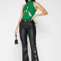 Woman Tops Twisted Ribbed High Neck Bodysuit - Green BODYSUITS