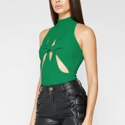 Woman Tops Twisted Ribbed High Neck Bodysuit - Green BODYSUITS
