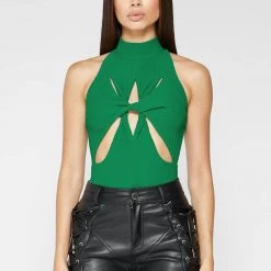 Woman Tops Twisted Ribbed High Neck Bodysuit - Green BODYSUITS
