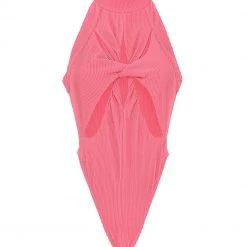 Woman Tops Twisted Ribbed High Neck Bodysuit - Pink