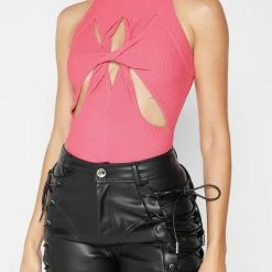 Woman Tops Twisted Ribbed High Neck Bodysuit - Pink