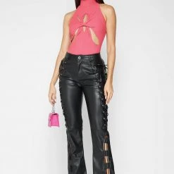 Woman Tops Twisted Ribbed High Neck Bodysuit - Pink