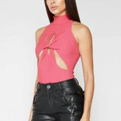 Woman Tops Twisted Ribbed High Neck Bodysuit - Pink