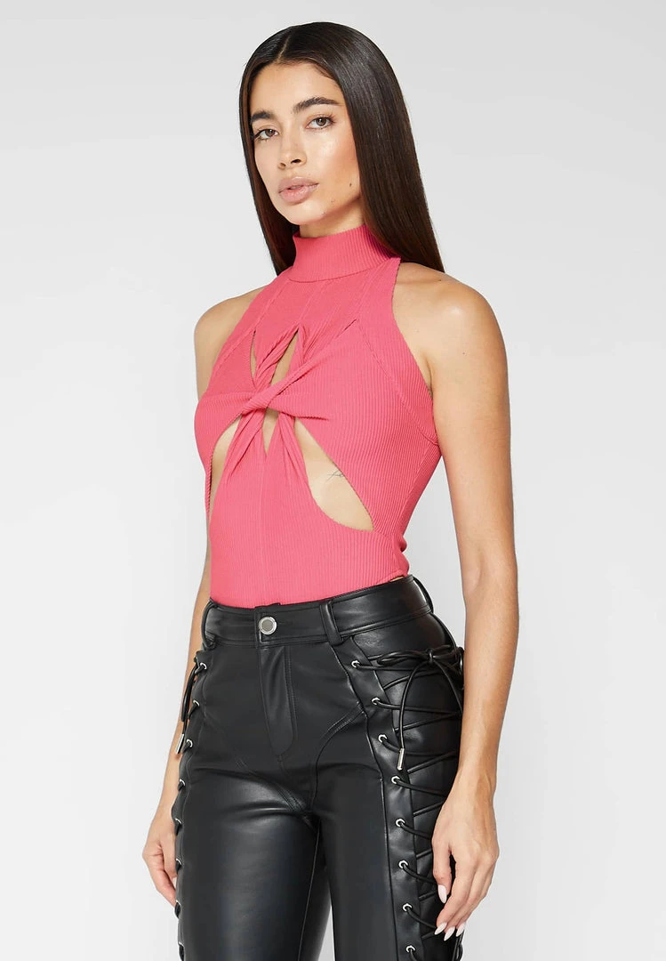 Woman Tops Twisted Ribbed High Neck Bodysuit - Pink