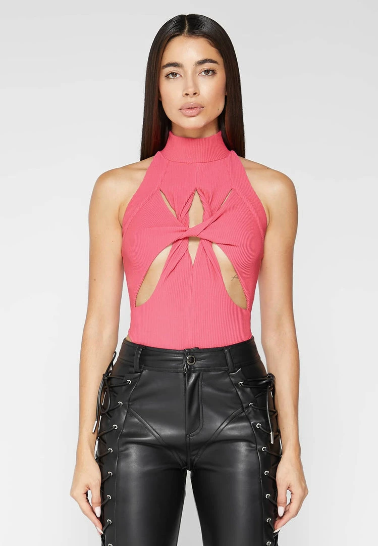 Woman Tops Twisted Ribbed High Neck Bodysuit - Pink