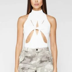 Woman Tops Twisted Ribbed High Neck Bodysuit - White