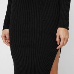 Woman Dresses Twisted Bust Knitted Midi Dress - Black