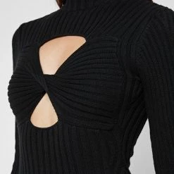 Woman Dresses Twisted Bust Knitted Midi Dress - Black