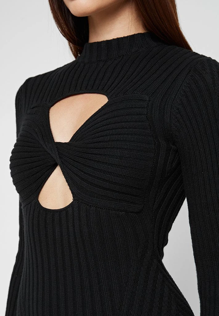 Woman Dresses Twisted Bust Knitted Midi Dress - Black