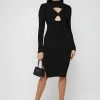 Woman Dresses Twisted Bust Knitted Midi Dress - Black