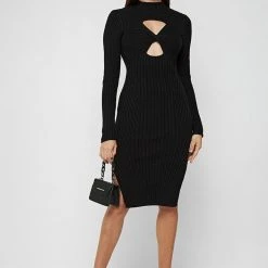 Woman Dresses Twisted Bust Knitted Midi Dress - Black