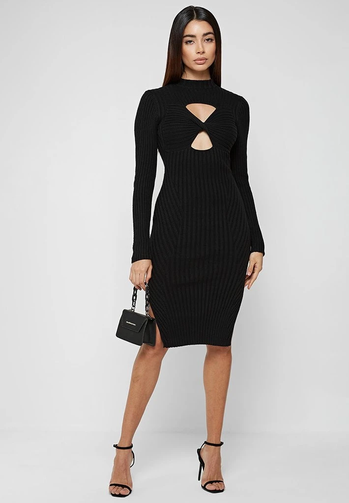 Woman Dresses Twisted Bust Knitted Midi Dress - Black