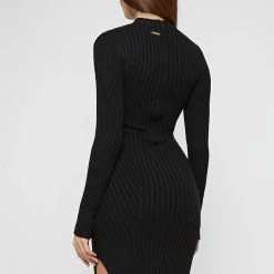 Woman Dresses Twisted Bust Knitted Midi Dress - Black