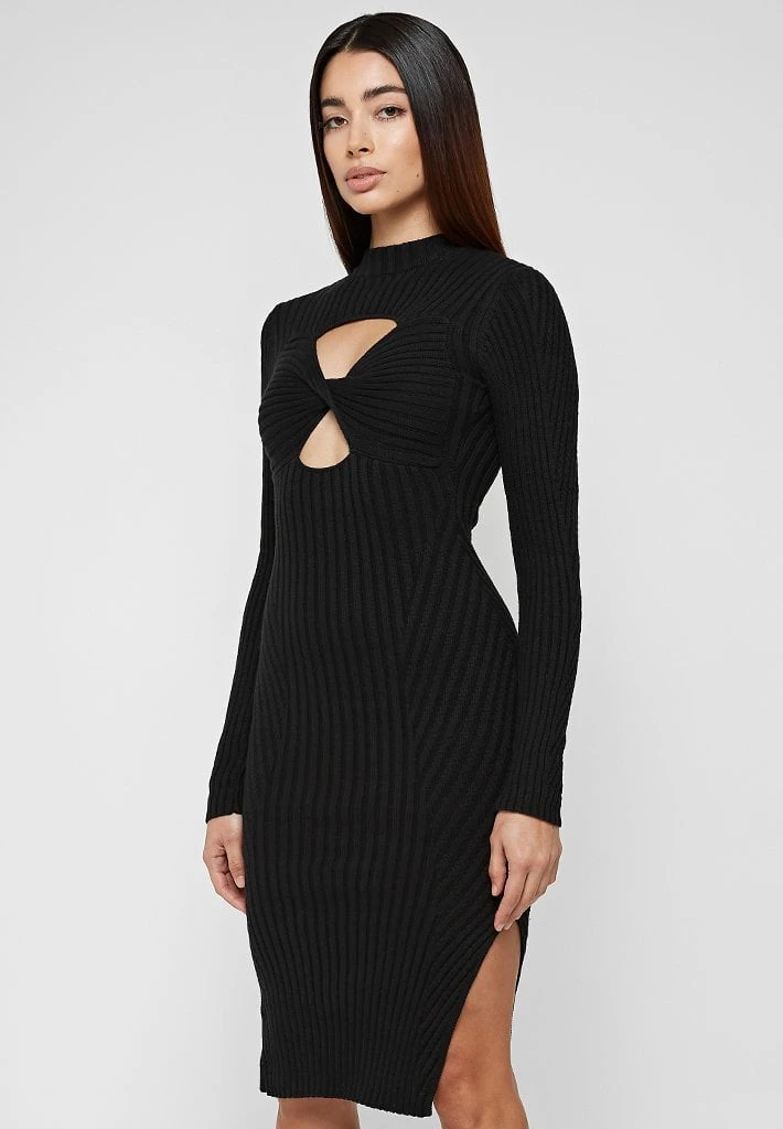 Woman Dresses Twisted Bust Knitted Midi Dress - Black