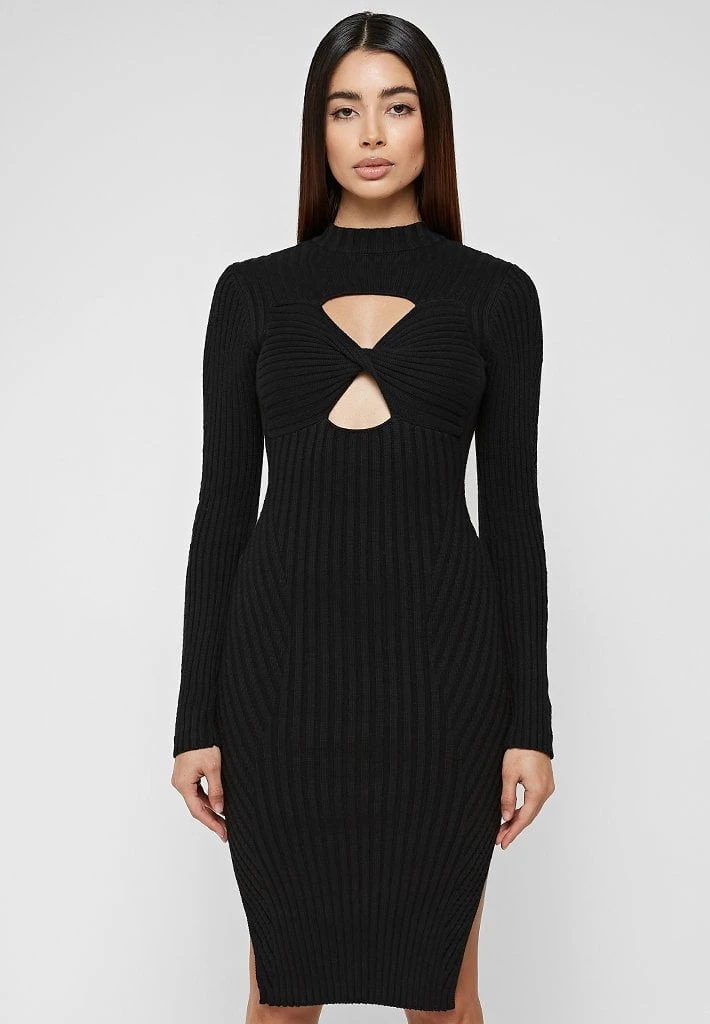 Woman Dresses Twisted Bust Knitted Midi Dress - Black